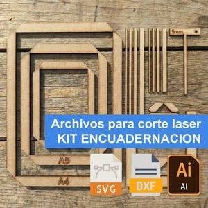May include: Laser cut wooden kit for bookbinding, featuring various frame sizes, including A4 and A5. Includes SVG, DXF, and AI file formats. The text on the blue banner reads "Archivos para corte laser KIT ENCUADERNACION".