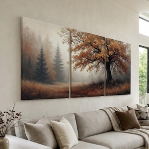 Autumn Tree Wall Art Set of 3 | Fall Forest Landscape Triptych Canvas Prints | Warm Brown and Orange Seasonal Nature Decor for Rustic Home