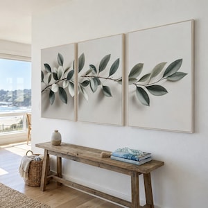 Minimalist Botanical Wall Art Set of 3 | Olive Green Leaf Branch Canvas Prints on Beige Background | Neutral Nature for Scandinavian Decor