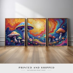 Psychedelic Mushroom Wall Art | Set of 3 Vibrant Rainbow Colors, Magical Forest Canvas Prints | Bold Wall Decor and Unique Home Spaces