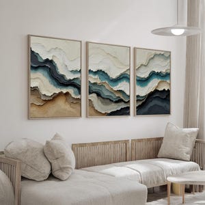 Neutral Abstract Wall Art Triptych | Beige Cream and Teal Canvas Prints ...