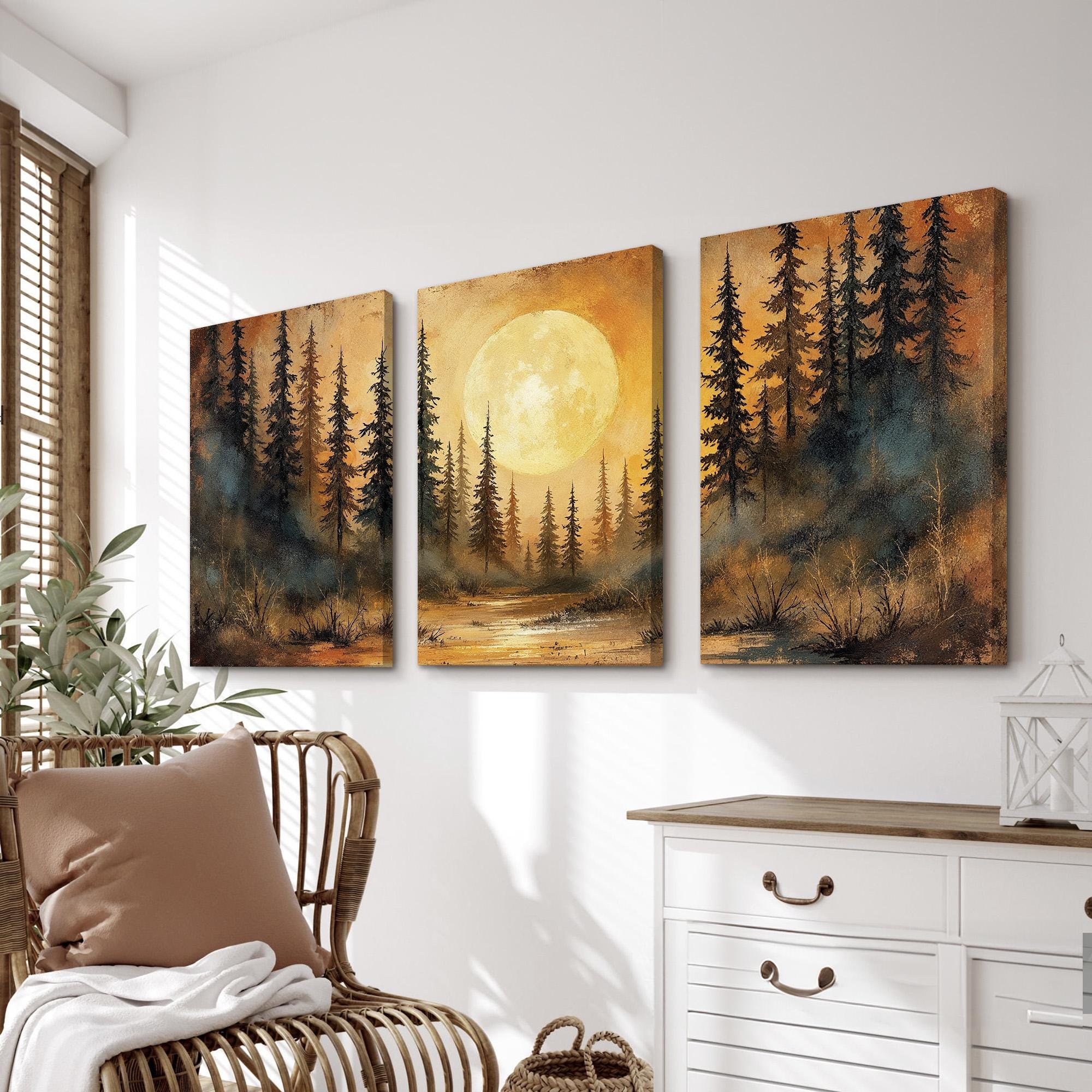 Moonlit Forest Wall Art Set of 3 | Golden Night Landscape Canvas Prints ...