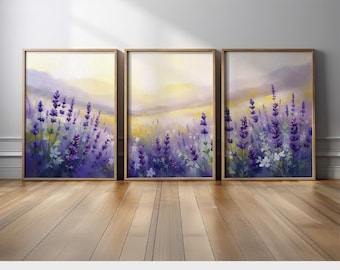 Lavender Triptych Wall Art Set of 3 | Purple Floral Canvas Prints of Blooming Lavender Field with Golden Sunrise