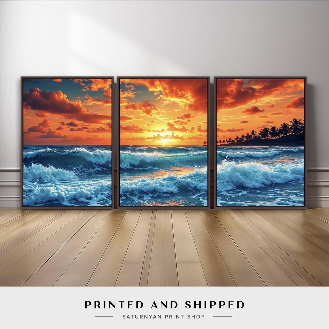 Ocean Coastal Sunset Wave Wall Art Set of 3 | Tropical Beach Artwork ...