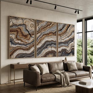 Wood Grain Abstract Canvas Set of 3 | Neutral Earthy Brown and Grey Cracked Pattern Wall Art | Large Triptych Wall Decor for Living Room