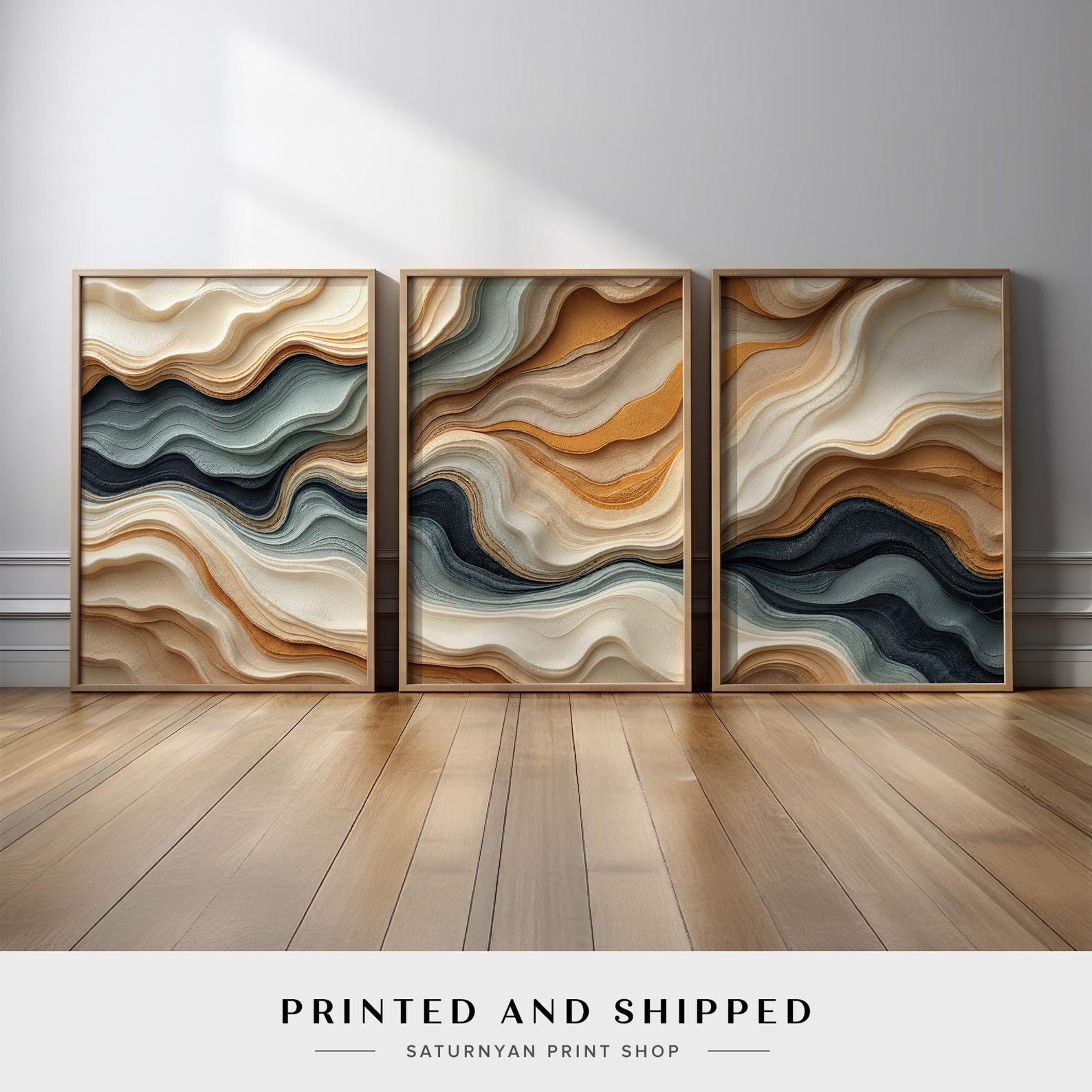 Neutral Beige and Blue Ocean Wave Canvas Art Set | Modern Abstract Wall ...