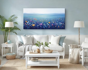 Wildflower Meadow Wall Art, Serene Landscape Canvas Print with Colorful Flowers and Soft Blue Hues, Nature-Inspired Decor for Living Room