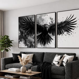 Raven Wall Art Set of 3 | Black and White Ink Splash Canvas Prints with Crow Wings Spread | Gothic Abstract Triptych for Modern Decor image 2