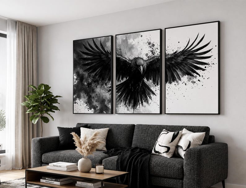 Raven Wall Art Set of 3 | Black and White Ink Splash Canvas Prints with Crow Wings Spread | Gothic Abstract Triptych for Modern Decor image 2