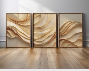 Neutral Wall Art Set of 3 | Soft Beige and Light Brown Abstract Canvas Prints with Flowing | Contemporary Triptych for Calm Home Aesthetic