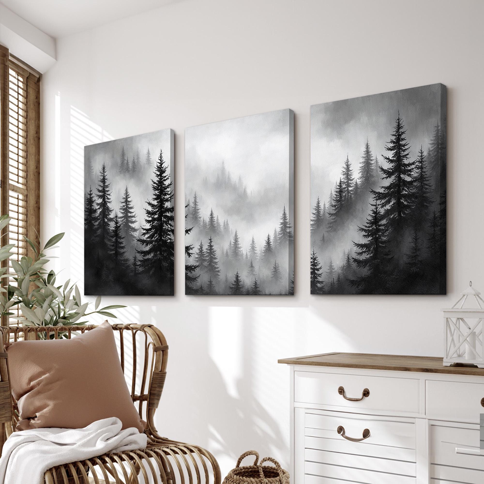 Misty Forest Wall Art Set of 3 | Black and White Pine Tree Landscape ...