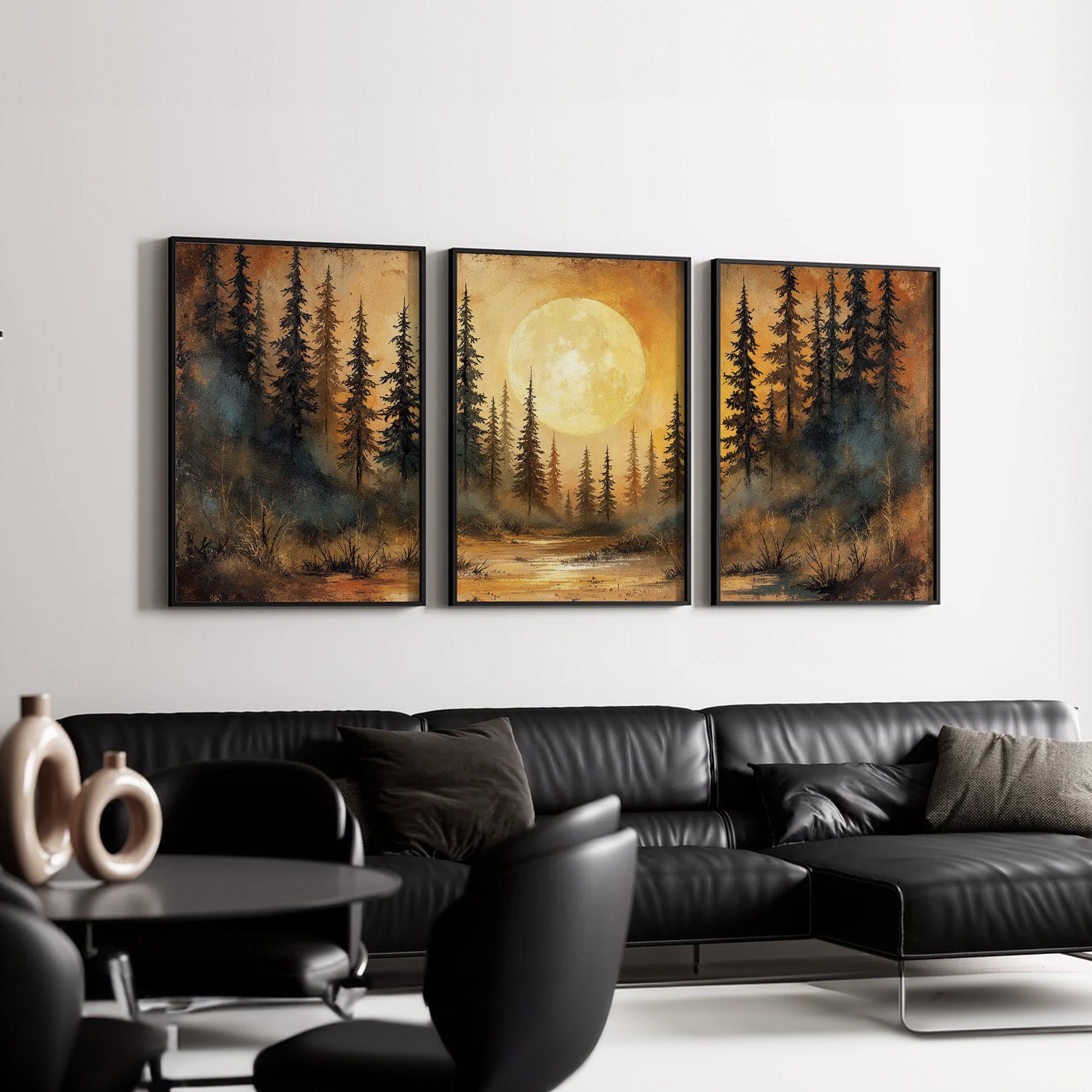 Moonlit Forest Wall Art Set of 3 | Golden Night Landscape Canvas Prints ...