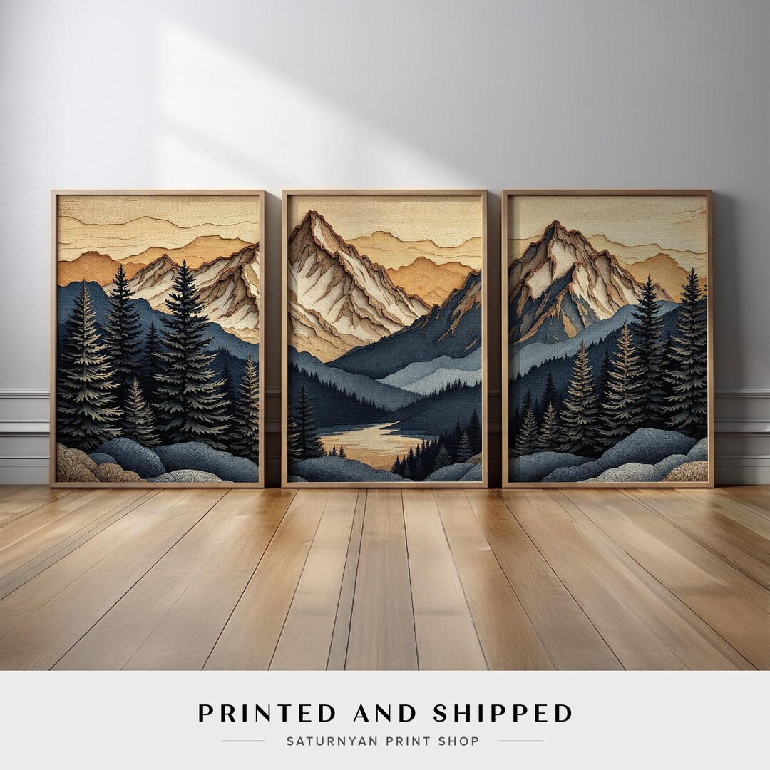Mountain Nature Landscape Wall Art Set of 3 | Pine Forest Wilderness ...