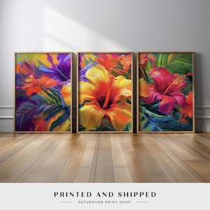 Tropical Hibiscus Flower Triptych | Bold Colorful Wall Art Prints in Vibrant Red, Purple, Yellow, and Green for Summer Beach House Wall