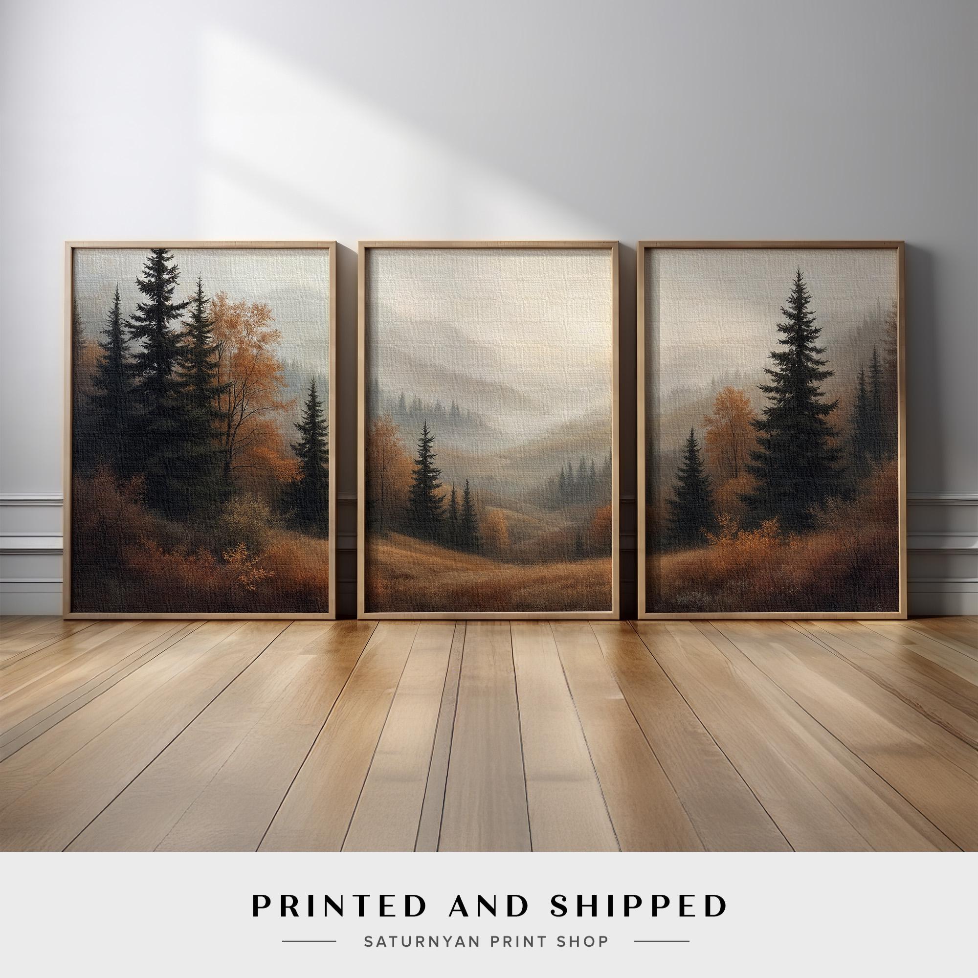 Rustic Autumn Landscape Wall Art Set | Forest Trees and Misty Mountains ...