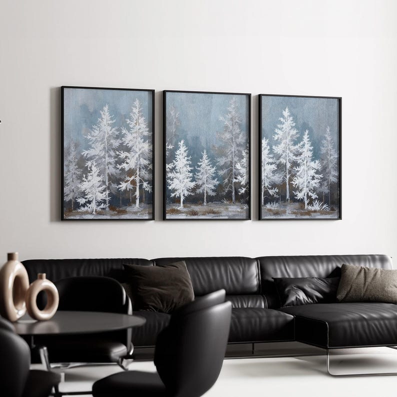 Snowy Landscape Wall Art Set of 3 | White Pine Tree Triptych Canvas ...