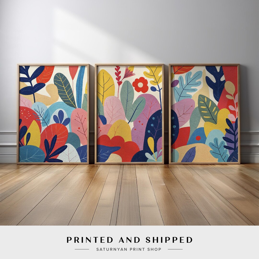Colorful Abstract Botanical Wall Art Set of 3 | Modern Leaf Print ...