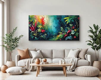 Rainforest Jungle Landscape Painting, Exotic Tropical Canvas Print, Colorful Greenery Decor, Lush Forest Wall Art, Vibrant Botanical Print