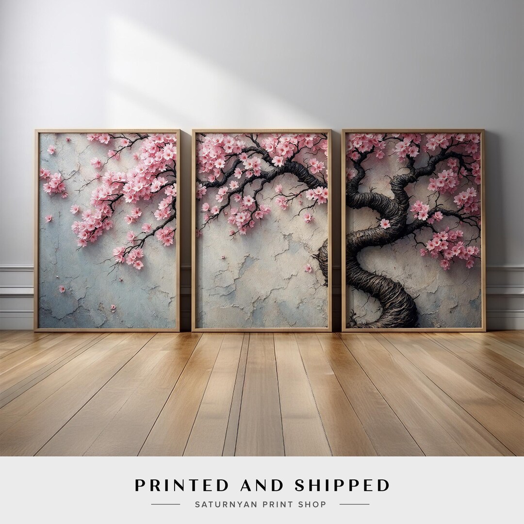Japanese Sakura Tree Wall Art | Cherry Blossom Branch Canvas Print Set ...
