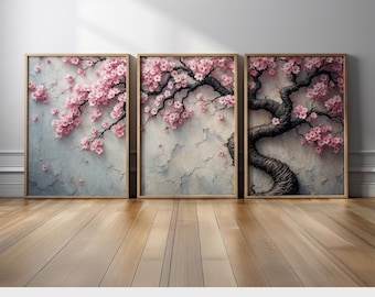 Japanese Sakura Tree Wall Art | Cherry Blossom Branch Canvas Print Set | Elegant Pink Floral Art for Home, Office, Living Room, Bedroom