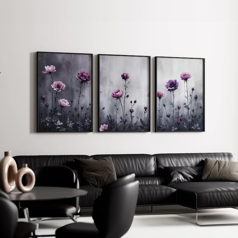 Purple Floral Wall Art Set of 3 | Elegant Modern Flower Canvas Prints ...