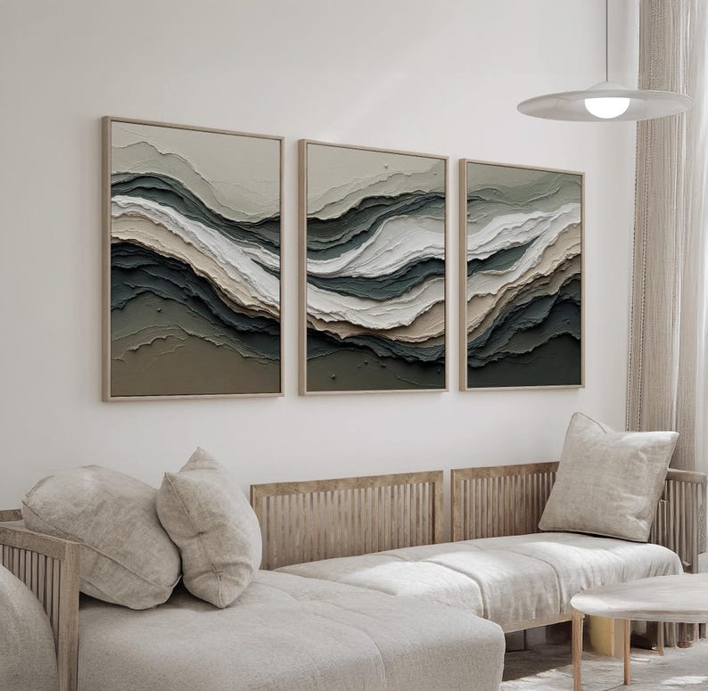 Sage Green Beige Abstract Wall Art Set of 3 | Neutral Organic Ocean ...