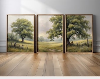 Pastoral Tree Landscape Triptych Canvas | Soft Green Countryside Artwork Set of 3 with Meadow Path and Wooden Fence Canvas Prints