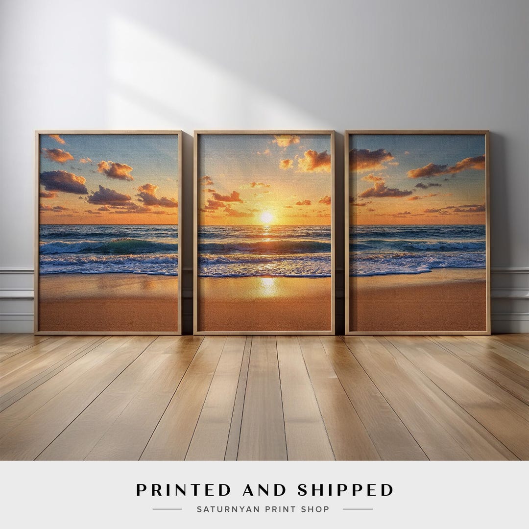 Beach Sunset Wall Art Set of 3 | Ocean Wave Golden Hour Coastal ...