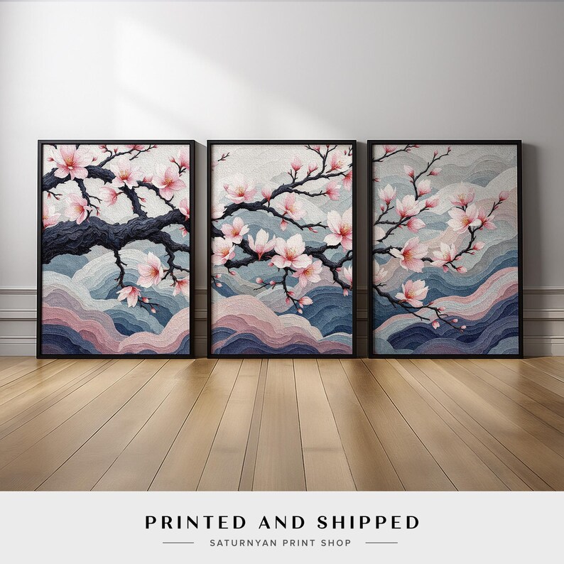 Japanese Cherry Blossom Wall Art Set, Sakura Tree Wall Decor, Elegant Floral Triptych, Zen Meditation Art, Soft Pink Nature Canvas Print bild 7