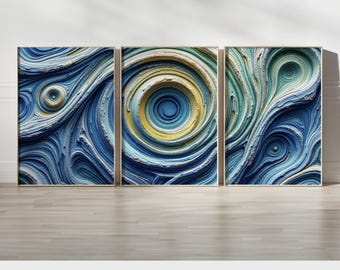Blue Ocean Swirl Abstract Wall Art Set of 3 | Coastal Wave Pattern Canvas Prints | Nautical Marine Concentric Artwork for Modern Decor