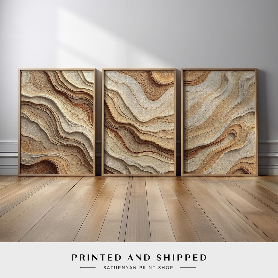 Neutral Flowing Wave Abstract Wall Art Set of 3 | Beige Brown Sand ...