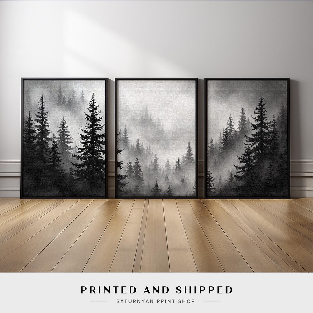 Misty Forest Wall Art Set of 3 | Black and White Pine Tree Landscape ...