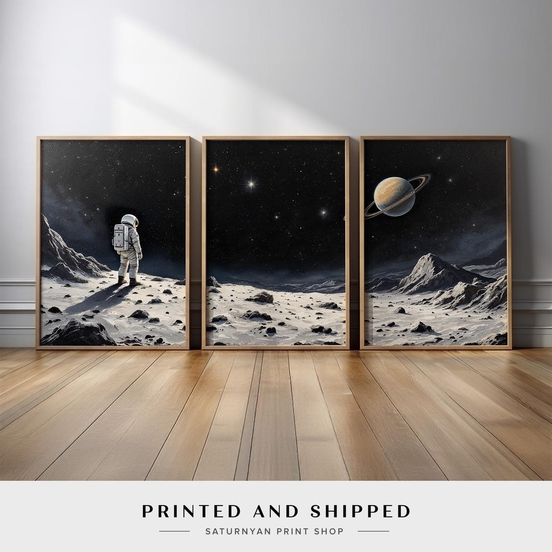 Astronaut on Lunar Surface Wall Art | Set of 3 Space Exploration ...