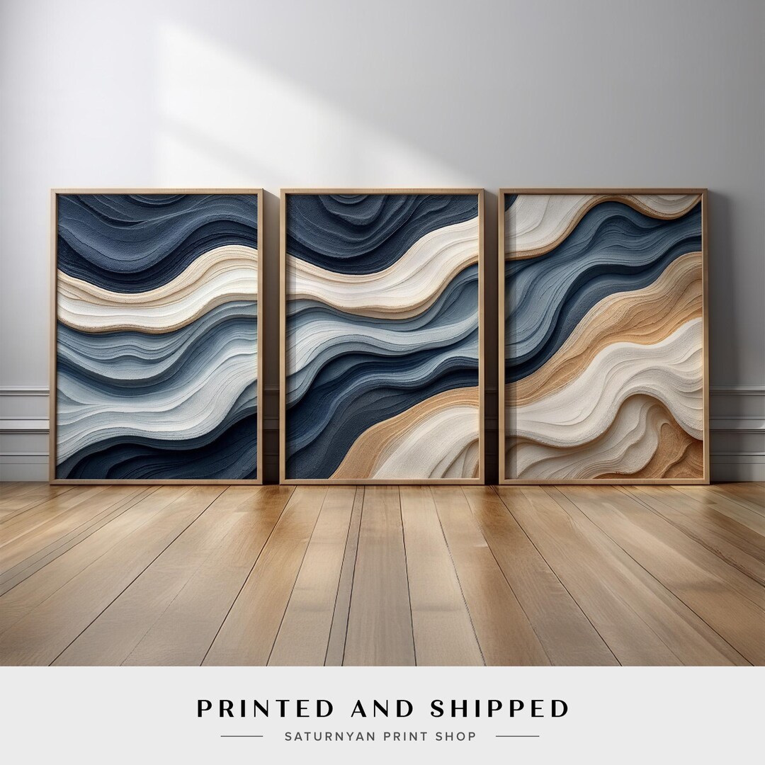 Modern Abstract Wave Wall Art Set of 3 | Ocean Flowing in Navy Blue ...