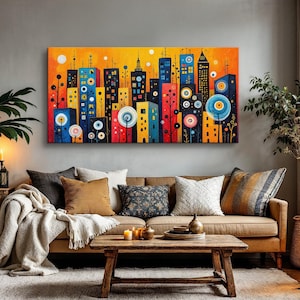Modern City Skyline Abstract Canvas Print - Whimsical Colorful Urban Landscape Wall Art - Unique Cityscape Painting for Home & Office Decor