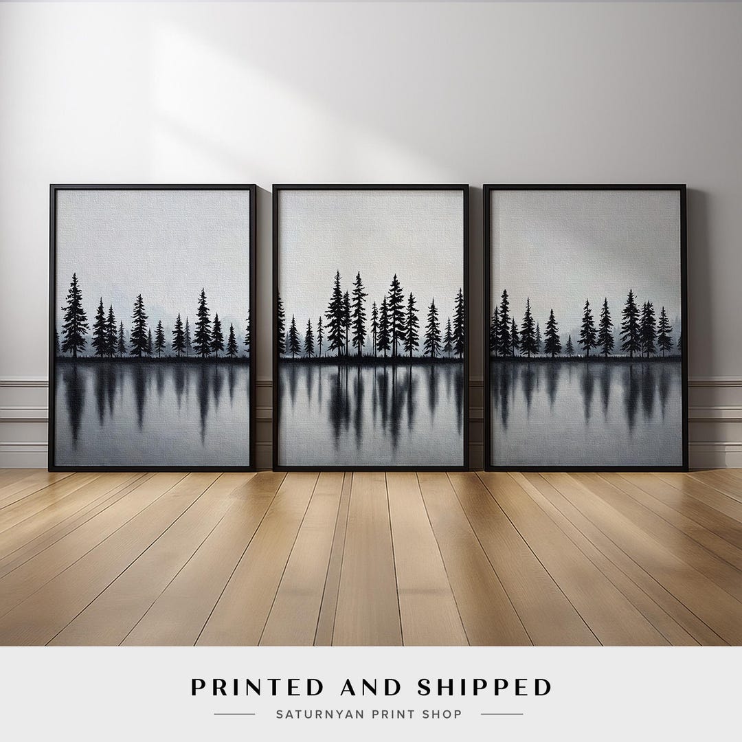 Black and White Forest Wall Art Set of 3 | Minimalist Pine Tree ...