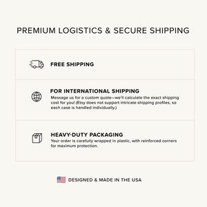 Pu&ograve; includere: Una grafica che mostra le opzioni di spedizione per un negozio Etsy. La grafica include la spedizione gratuita, la spedizione internazionale e l'imballaggio resistente. La grafica include anche il testo "Progettato e realizzato negli Stati Uniti".