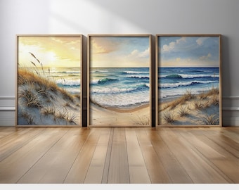 Beach Landscape Wall Art Set | Serene Ocean Waves and Sand Dunes Triptych | Modern Coastal Canvas Prints for Living Room Decor