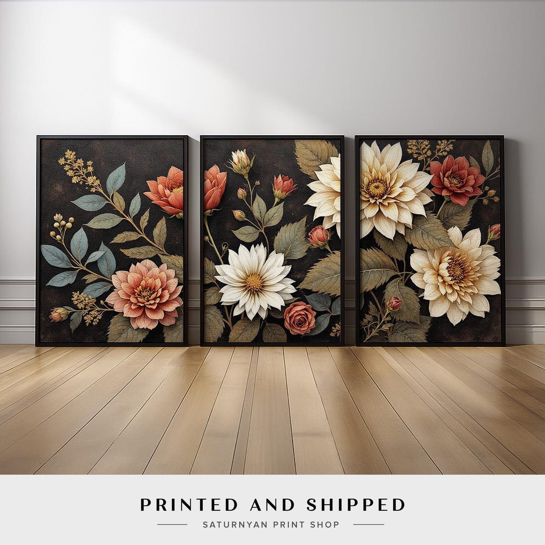 Floral Wall Art Set of 3 | Vintage Dahlias, Roses and Leaves on Dark ...