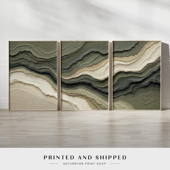 Earthy Abstract Sediment Wall Art | Set of 3 Green and Beige