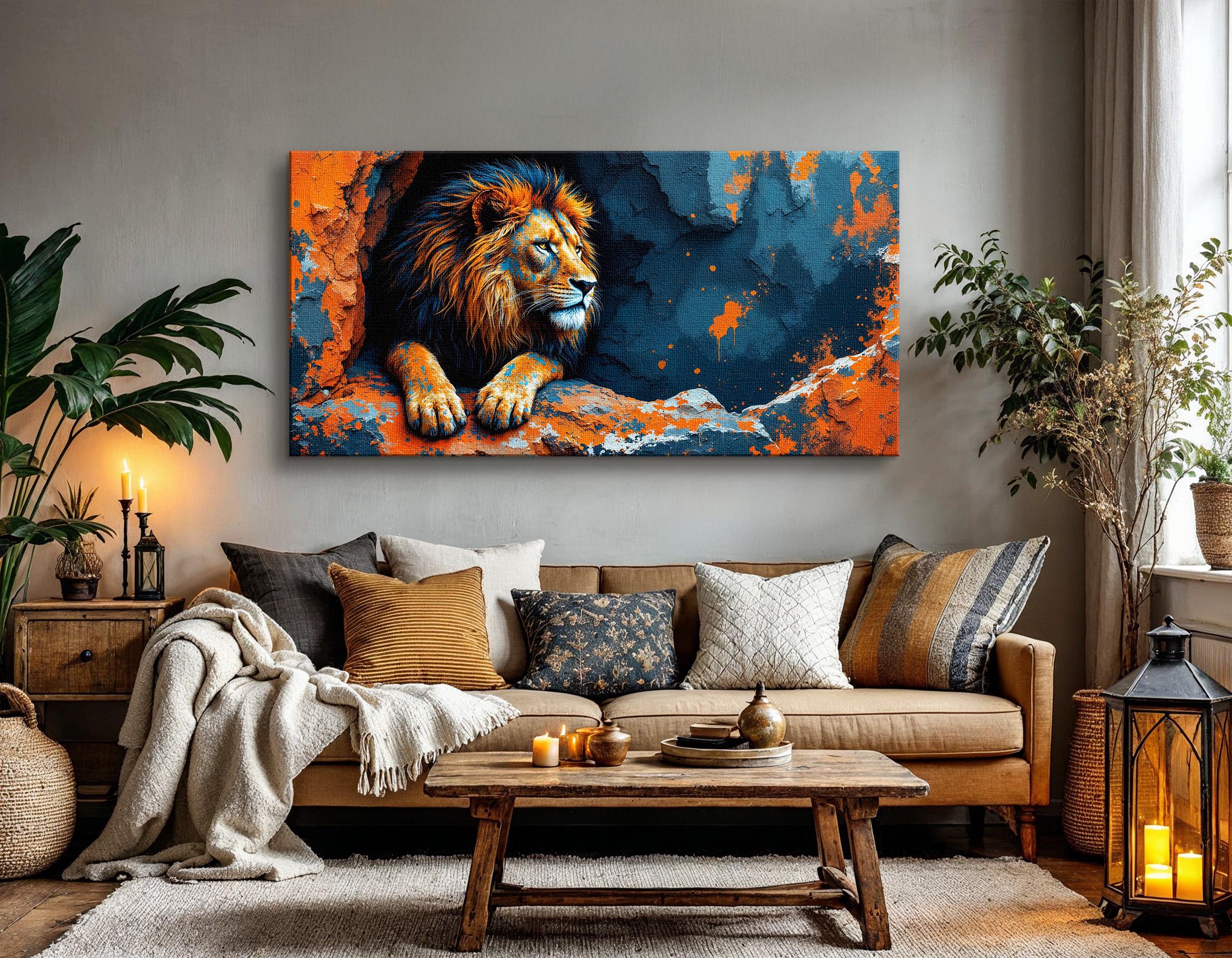 Bold Lion Wall Art, Abstract Canvas Print With Vibrant Blue and Orange ...