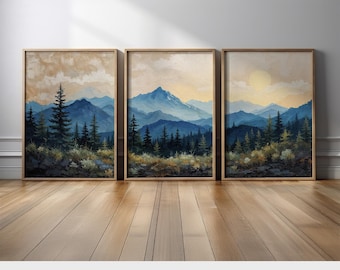 Mountain Landscape Wall Art Set of 3 | Rustic Blue Ridge Forest Canvas Prints Triptych with Pines and Sunrise Sky | Nature-Inspired Artwork