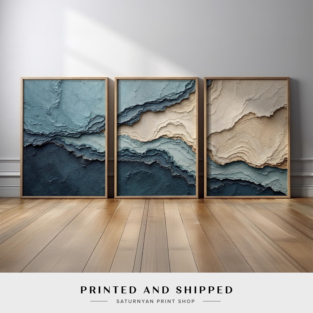 Ocean-inspired Abstract Wall Art Set of 3 | Coastal Wave and Sand in ...