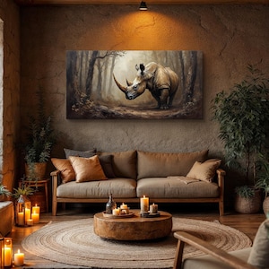 Rhino Wall Art, Majestic Rhinoceros Canvas Print Featuring Forest Background, Wildlife Animal Decor for Living Room, Bedroom, Office