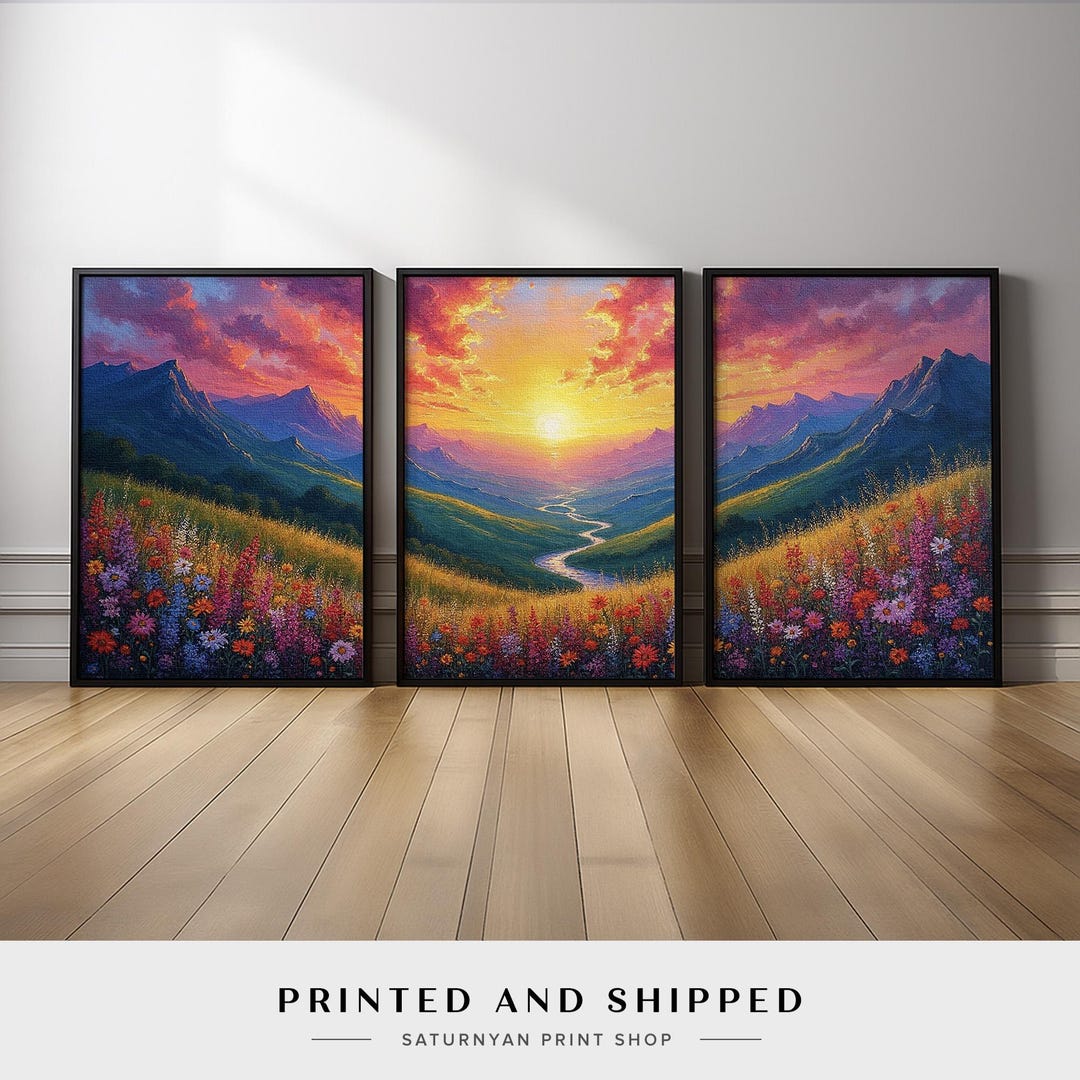 Large Mountain Wall Art Set of 3 | Sunset Landscape With Wildflowers ...