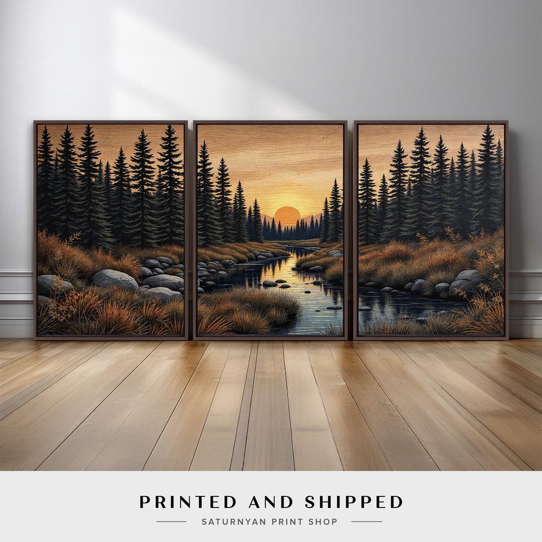 Rustic Pine Tree Landscape Triptych | Sunset River Wall Art Set of 3 ...
