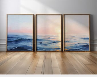Ocean Wave Wall Art Set of 3 | Tranquil Seascape Canvas with Sunrise Light and Blue Water | Coastal Beach Triptych for Bedroom