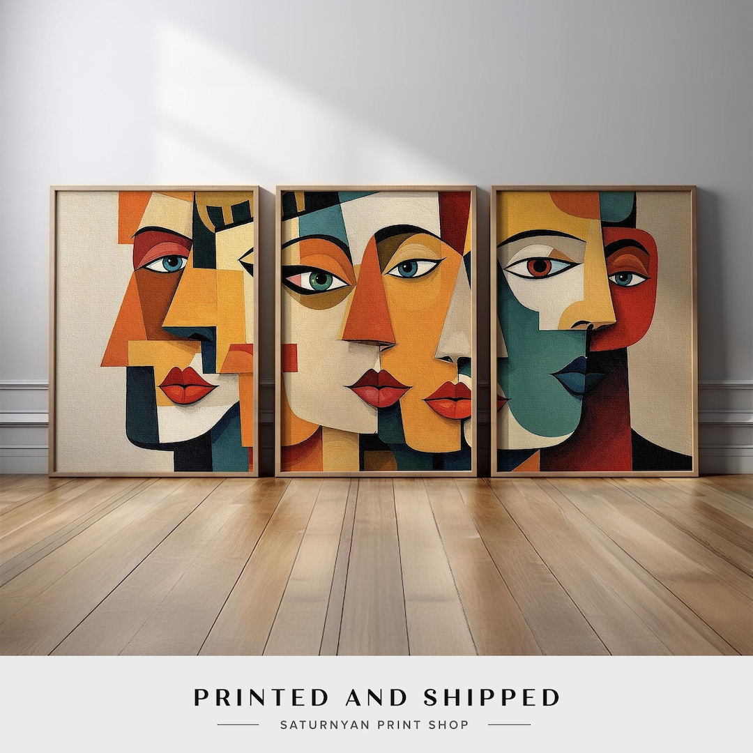 Abstract Face Wall Art Set of 3 | Modern Cubist Portrait Canvas Prints ...