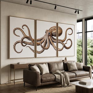 May include: A triptych wall art set featuring a large brown octopus illustration divided across three rectangular canvases with light wood frames, displayed against a plain wall above a brown leather sofa in a living room setting.