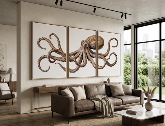 Wooden Octopus Wall Art Set of 3 | Nautical Coastal Triptych Featuring Rustic Driftwood Style Tentacle Design | Marine Ocean Canvas Prints